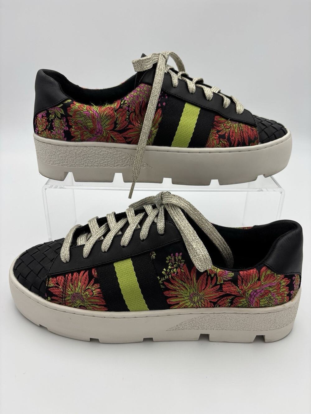 Johnny Was Downtown Jacquard Sneakers Black Woven Leather Pink Green Size 7.5